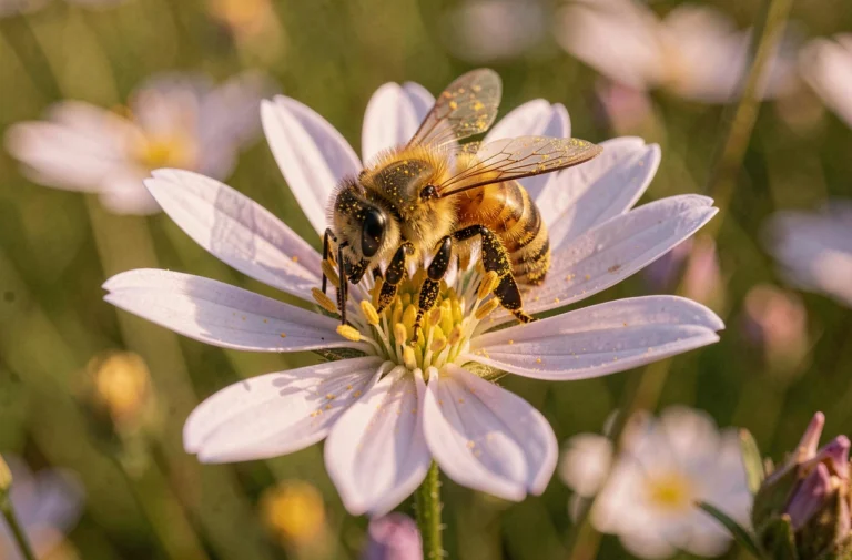 Gros plan hyper-réaliste d'une abeille couverte de pollen dorée posée sur une fleur sauvage violette dans une prairie fleurie