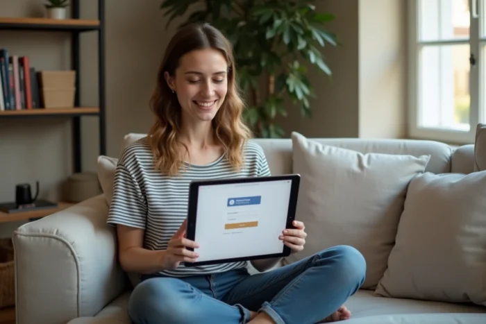 Jeune enseignante consultant sa messagerie ac lyon sur une tablette depuis son salon