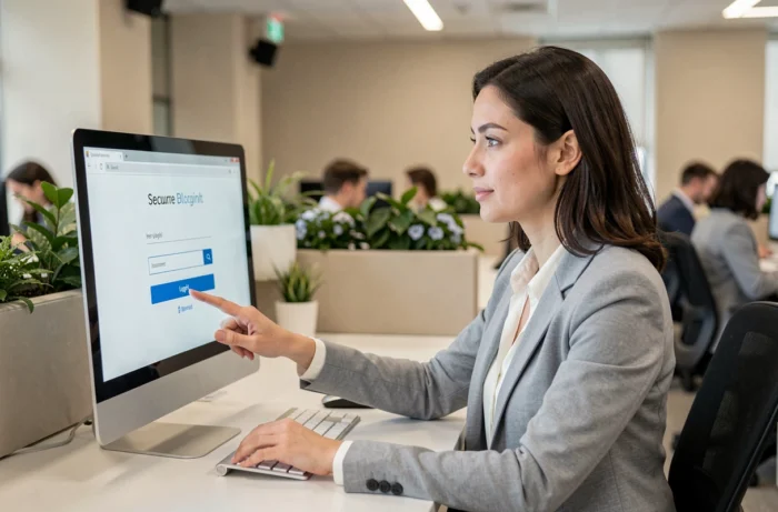 Femme professionnelle accédant à un portail sécurisé Akeonet depuis un poste de travail en open space