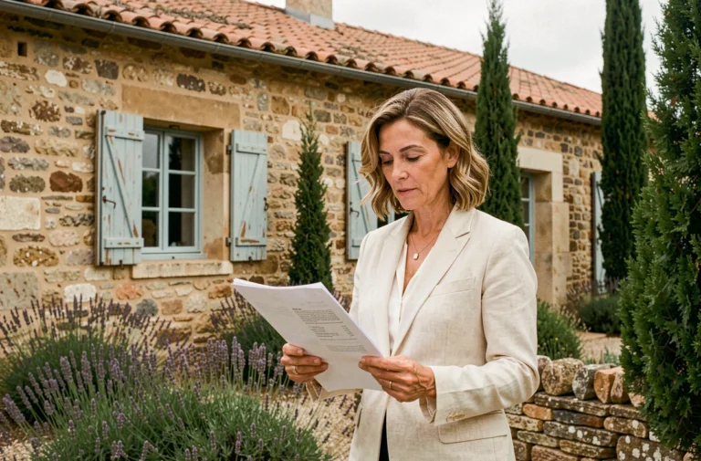Femme consultant des documents immobiliers devant une bastide provençale en pierre avec volets bleus et lavande en fleur