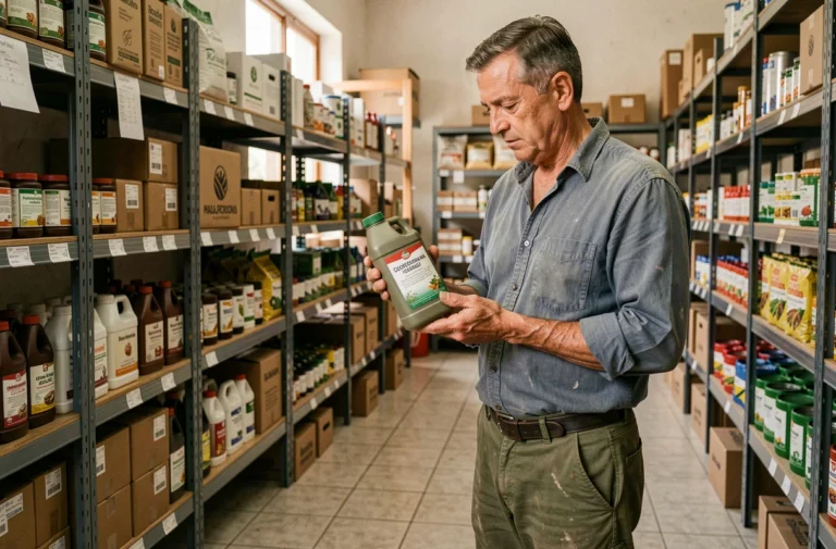 Agriculteur portugais examinant un produit herbicide à base de glyphosate dans un magasin de fournitures agricoles