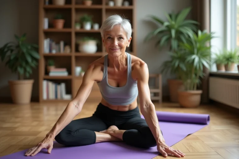 Femme senior faisant des étirements de yoga sur un tapis à domicile dans son salon
