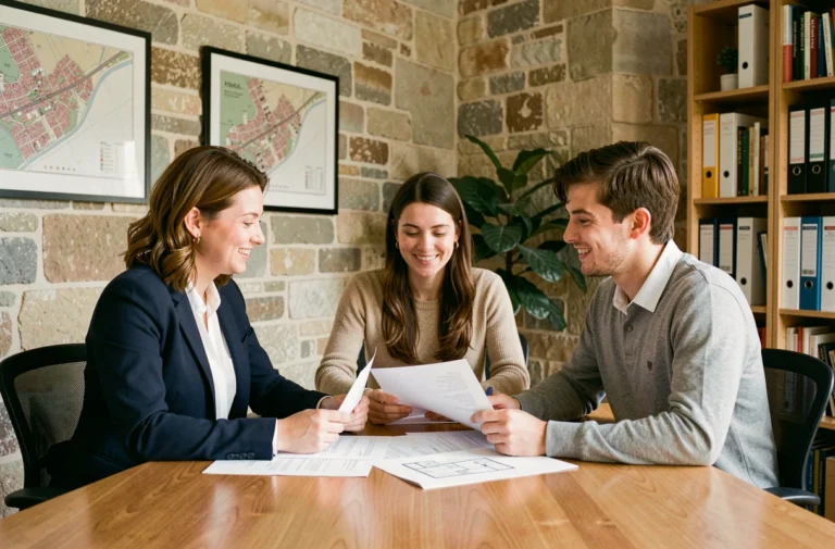 Agente immobilière locale de Limoges conseillant un couple de clients dans une agence aux murs en pierre avec documents immobiliers sur le bureau