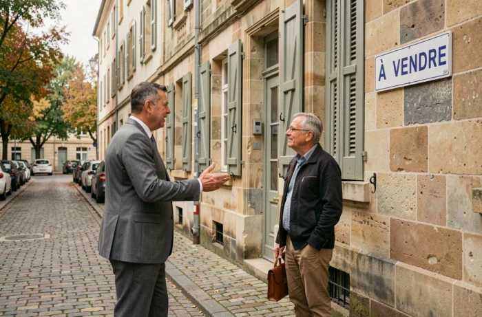 Agent immobilier local présentant une propriété en pierre à Limoges à un acheteur potentiel dans une rue pavée du centre-ville