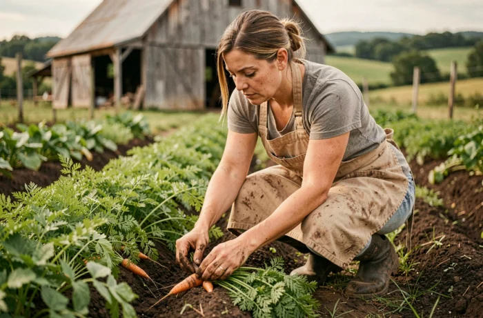Agricultrice locale récoltant des carottes fraîches dans un jardin maraîcher durable en plein air