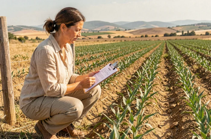 Agronome consultant des documents réglementaires sur l'utilisation légale du glyphosate dans un champ agricole au Portugal