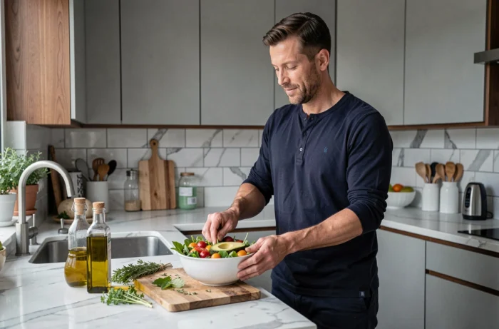 Homme préparant un repas sain et équilibré dans une cuisine moderne, mettant en valeur l'alimentation comme pilier de la santé quotidienne