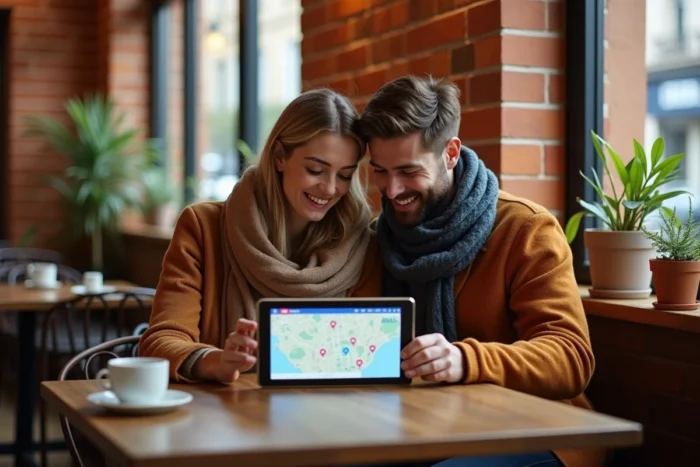 Deux amis dans un café partagent une carte Michelin sur tablette pour planifier un itinéraire ensemble