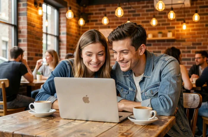 Deux amis regardant ensemble une série télévisée sur un ordinateur portable dans un café chaleureux