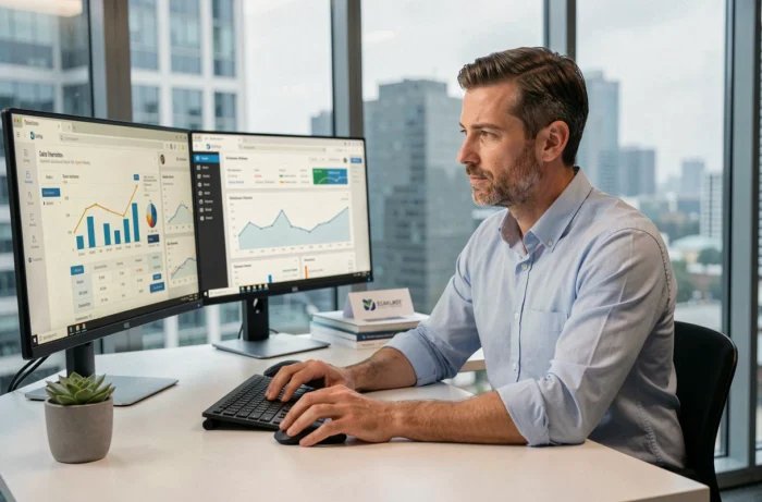 Professionnel analysant les performances de communication digitale de son entreprise sur double écran dans un bureau vitré