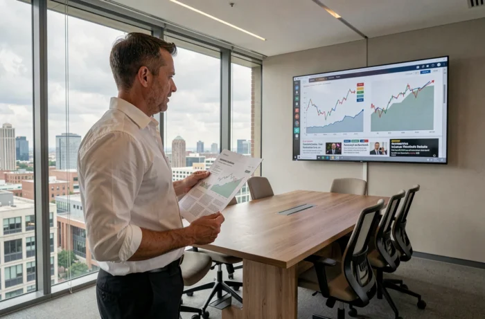 Cadre professionnel analysant des tendances sectorielles et des actualités dans une salle de réunion vitrée contemporaine