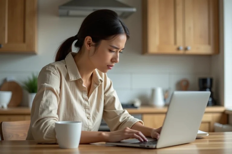 Femme consultant son ordinateur portable pour annuler une commande Zara en ligne depuis sa cuisine