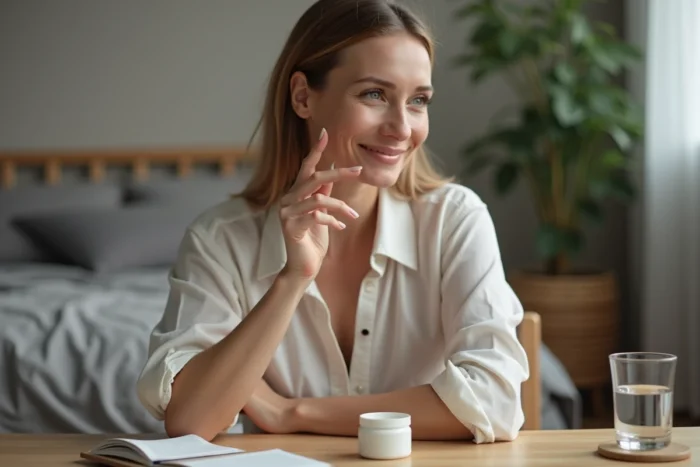 Femme appliquant une crème rétinol sur sa peau devant une coiffeuse en bois dans une chambre cosy
