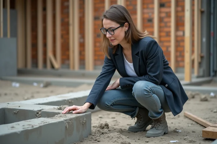 Architecte féminine inspectant les fondations en béton d'une maison individuelle sur un chantier de construction
