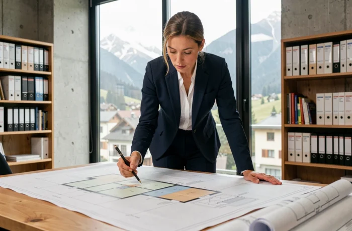 Architecte suisse analysant des plans de construction pour une rénovation subventionnée de bâtiment