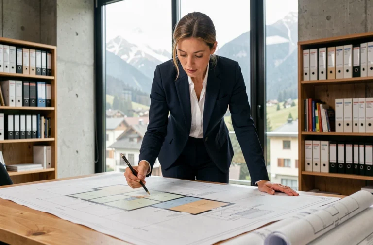 Architecte suisse analysant des plans de construction pour une rénovation subventionnée de bâtiment