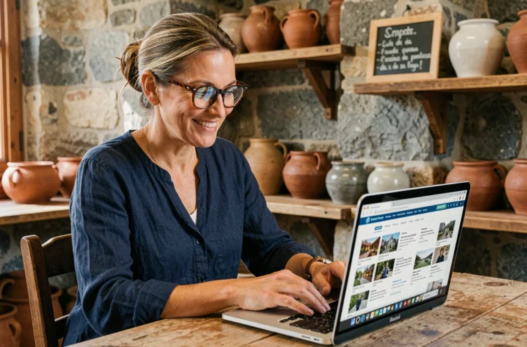 Femme artisane bretonne consultant un annuaire d'entreprises locales sur son ordinateur dans une boutique en pierre