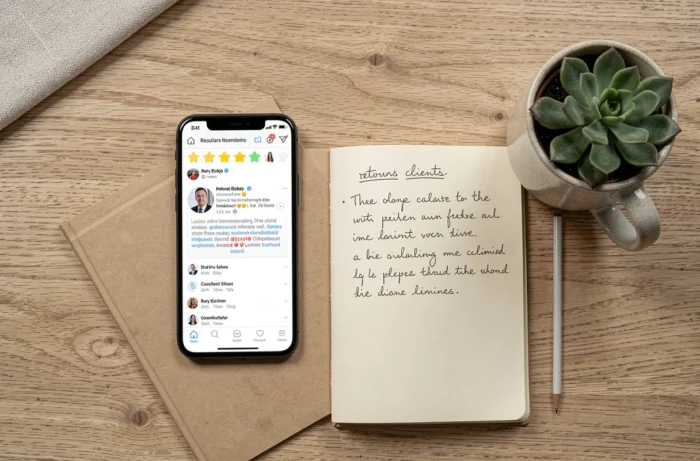 Avis clients en ligne sur smartphone et notes manuscrites sur un bureau minimaliste de entrepreneur