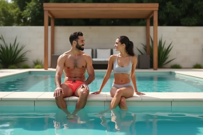 Couple d'adultes assis côte à côte sur une large banquette de piscine immergée, illustrant le confort optimal pour deux personnes dans un bassin extérieur contemporain