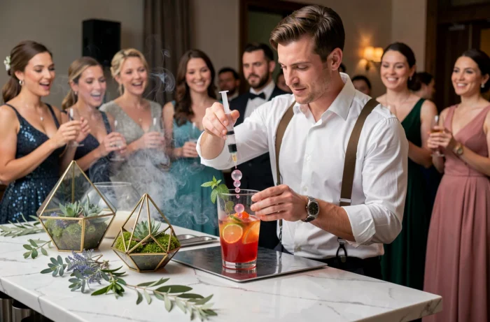 Barman préparant un cocktail moléculaire avec sphérification pour des invités de mariage curieux