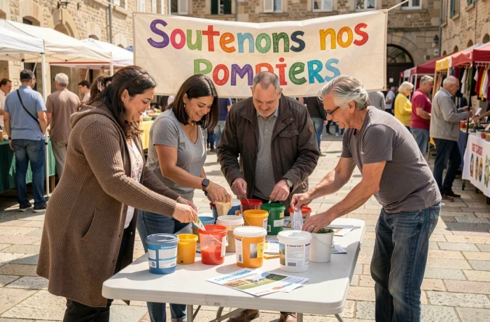 Groupe de bénévoles organisant une collecte de fonds solidaire pour les pompiers lors d'un événement communautaire en plein air