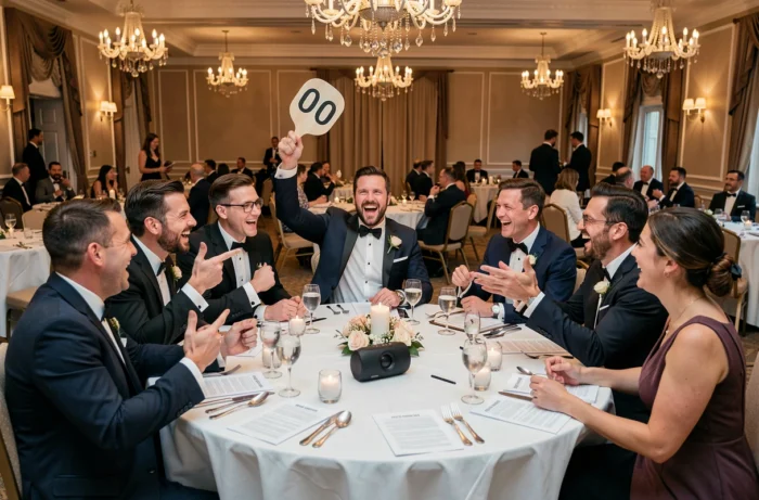 Tablée de mariage animée participant à un blind test musical avec ardoises et haut-parleur posés sur la table