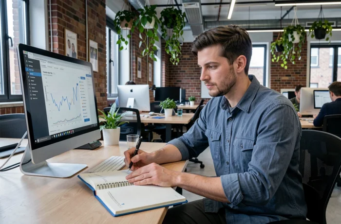 Blogueur masculin analysant les statistiques de son blog dans un espace de coworking moderne et créatif