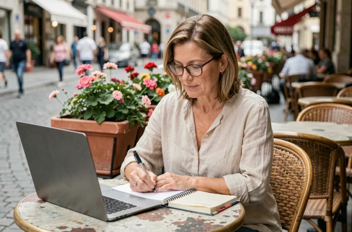 Blogueuse d'une quarantaine d'années planifiant le contenu de son blog dans un café en terrasse avec ordinateur et carnet