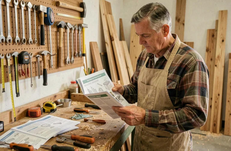 Bricoleur d'une cinquantaine d'années consultant un guide de ressources DIY imprimé dans un atelier en bois bien équipé