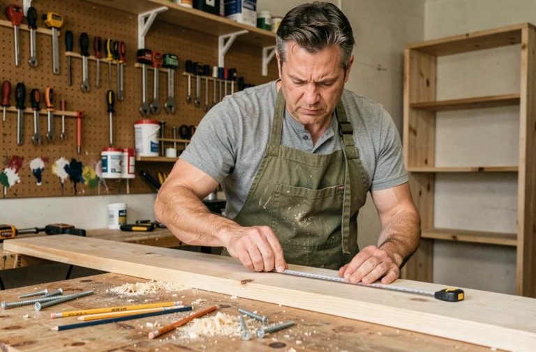 Homme bricoleur mesurant une planche en bois dans un atelier de garage fait maison avec des outils accrochés au mur