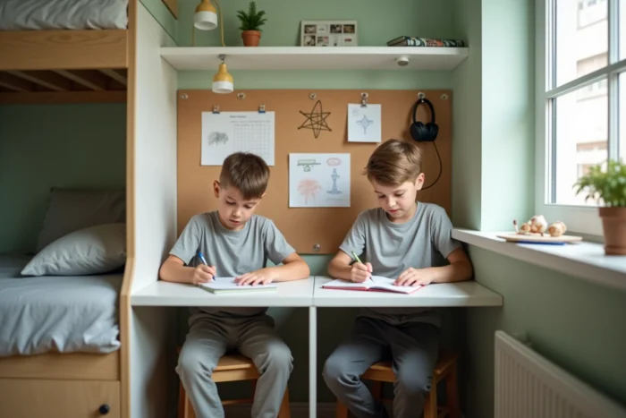 Deux garçons faisant leurs devoirs à un bureau d'angle partagé dans une chambre optimisée avec tableau en liège et rangements muraux