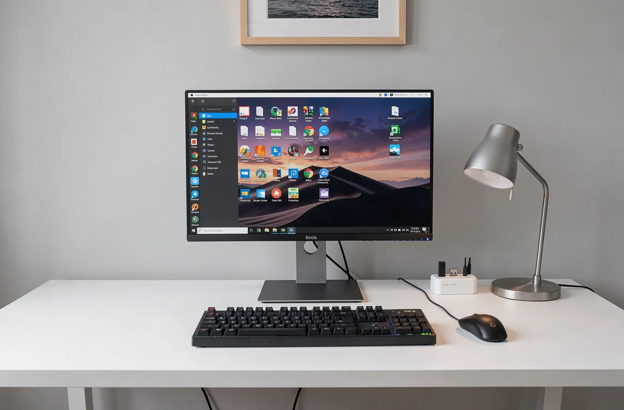 Bureau minimaliste avec écran affichant une distribution Linux à l'interface inspirée de Windows sans utilisateur