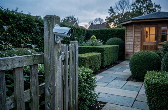 Caméra de surveillance avec détecteur de mouvement installée sur une clôture en bois dans un jardin résidentiel