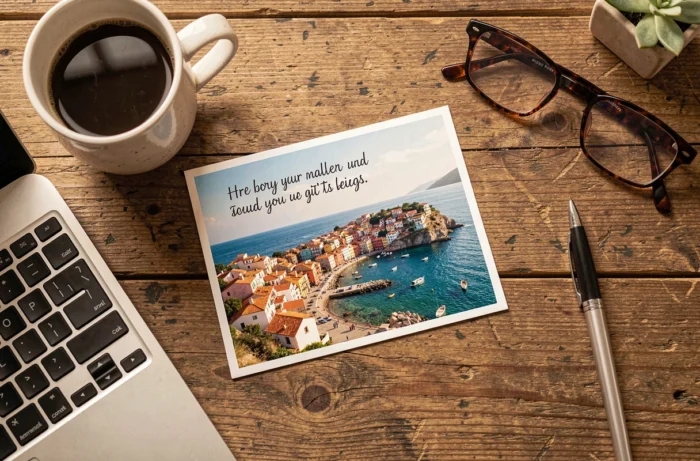 Carte postale personnalisée imprimée posée sur une table en bois à côté d'un clavier d'ordinateur portable, illustrant le résultat d'une commande en ligne