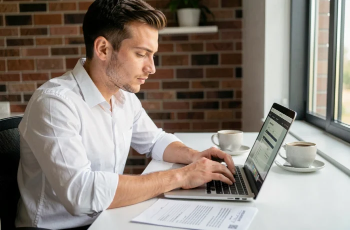 Jeune homme effectuant une démarche de cession de véhicule en ligne depuis son domicile