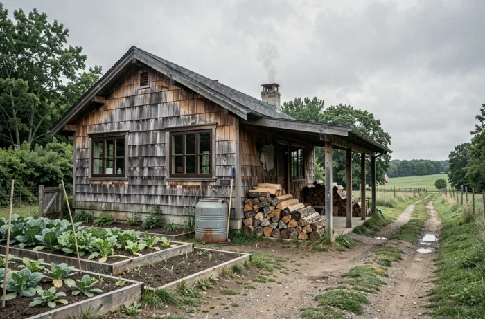 Petit chalet en bois autonome avec potager et réserve de bois dans un cadre semi-rural, illustrant la vie quotidienne dans un chalet sur terrain personnel