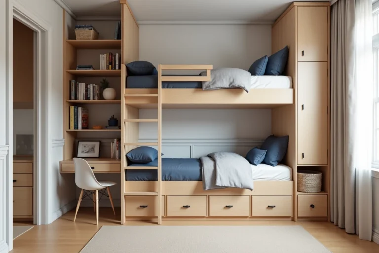 Chambre partagée pour deux garçons avec lits superposés en bois, rangements intégrés et bureau encastré dans une alcôve