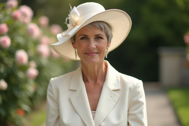 Femme de 50 ans avec cheveux courts et chapeau de mariage ivoire à large bord dans un jardin fleuri