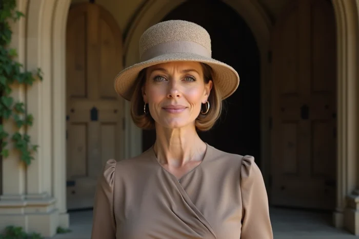 Femme de 55 ans avec coupe courte châtain et chapeau pillbox champagne devant l'entrée d'une église en pierre lors d'un mariage