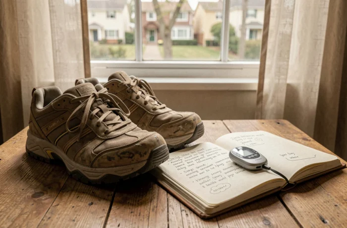 Chaussures de marche usées posées près d'un journal avec des notes sur les kilomètres et les pas quotidiens