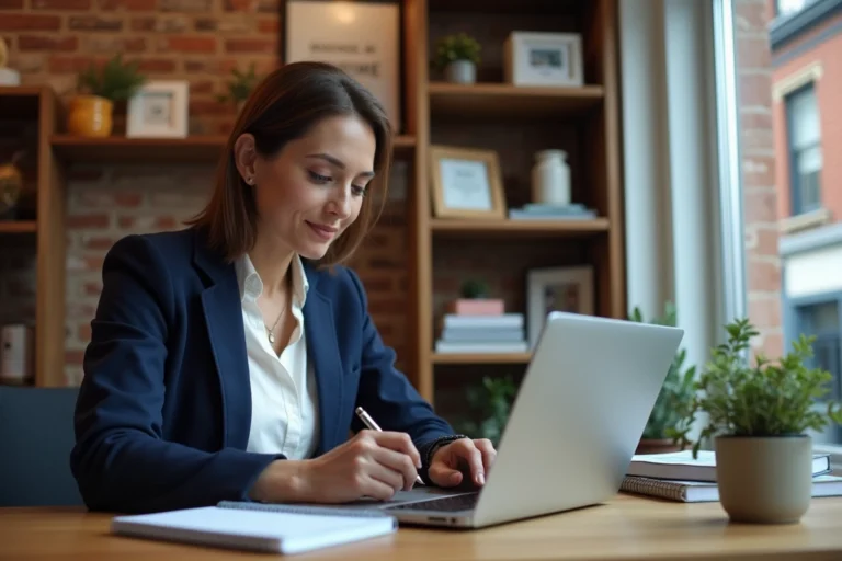 Cheffe d'entreprise locale consultant son profil Google Maps sur un ordinateur portable dans l'arrière-boutique pour améliorer sa visibilité numérique en 2024