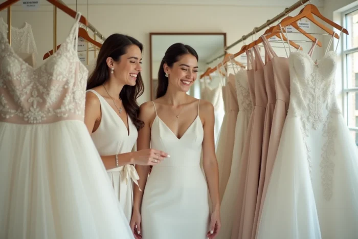 Deux femmes comparant des robes de mariée abordables sur un portant dans une boutique Tati mariage 2024