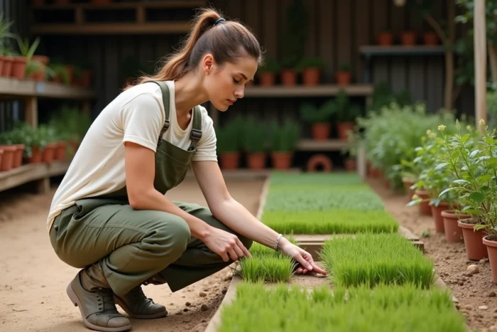 Femme comparant des échantillons de variétés de gazon adaptées au climat méditerranéen dans une jardinerie