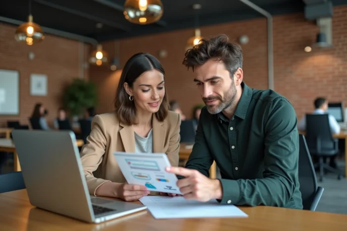 Deux collègues analysant ensemble le plan de navigation du site Infolocale dans un espace de coworking