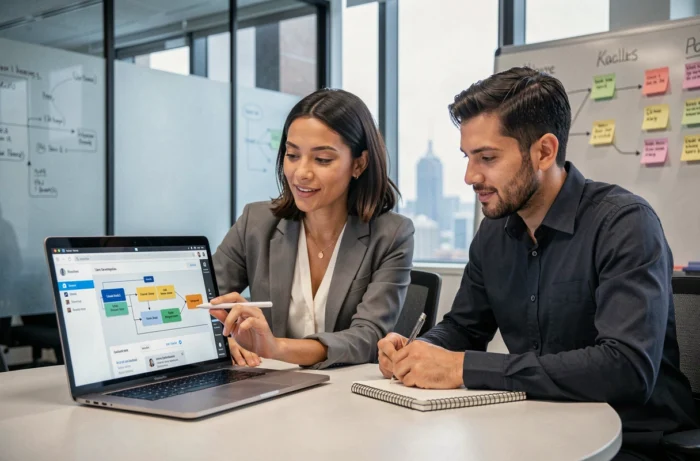 Deux collègues collaborant autour d'un ordinateur portable affichant un workflow de prompt LLM lors d'une réunion dans une salle de conférence moderne