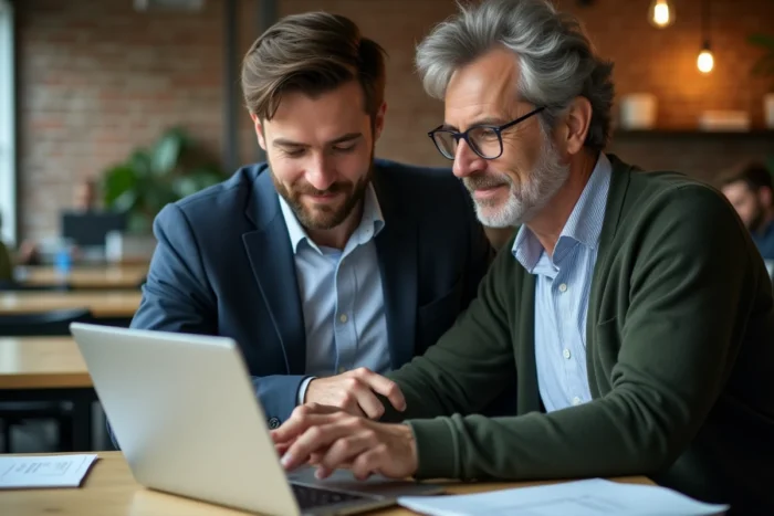 Deux collègues discutant de la formule de bonne réception dans un e-mail professionnel dans un espace de coworking