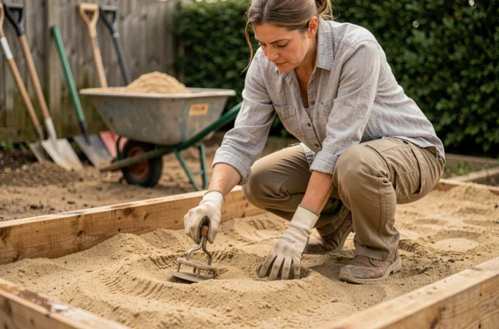 Femme compactant du sable manuellement avec une dame à main dans un projet d'aménagement de jardin
