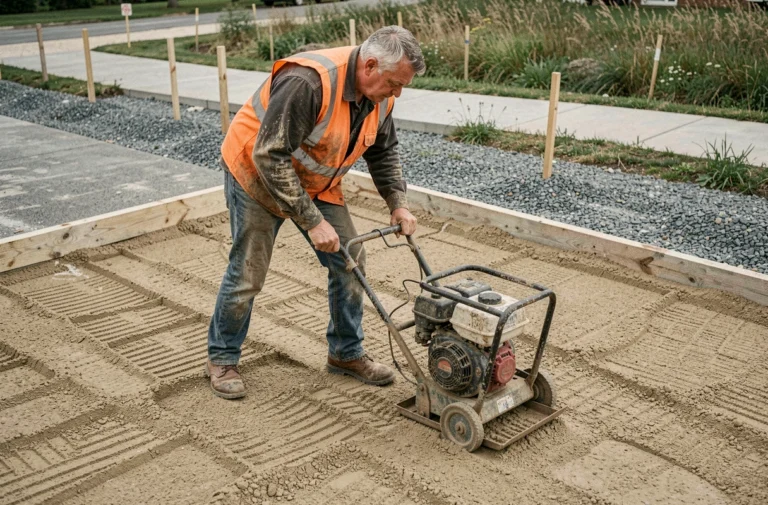 Ouvrier utilisant une plaque vibrante pour compacter du sable sur un chantier d'allée extérieure résidentielle