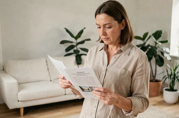 Femme comparant deux guides de décoration intérieure dans un salon moderne au style scandinave