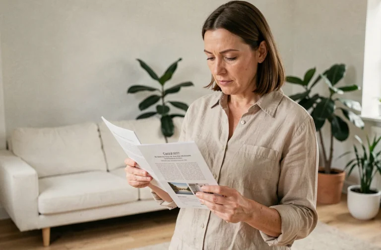 Femme comparant deux guides de décoration intérieure dans un salon moderne au style scandinave